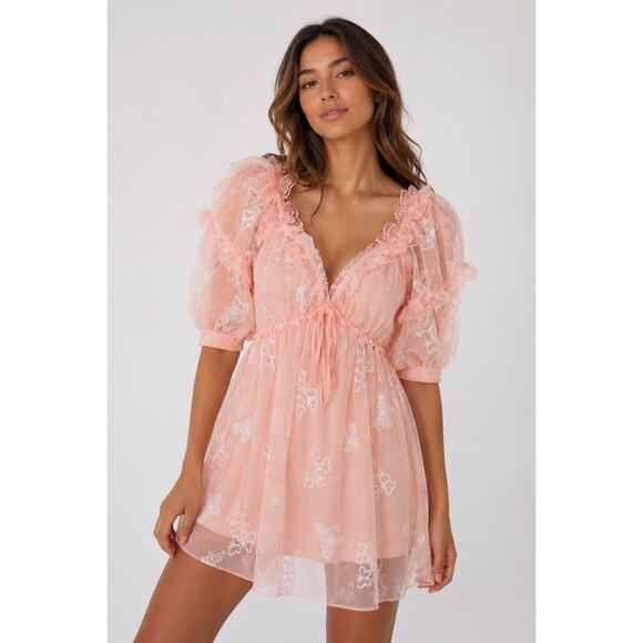 For Love & Lemons Dresses & Skirts - For Love & Lemons Shari Medium Peach Mini Dress Butterfly Sequin Lace NWT